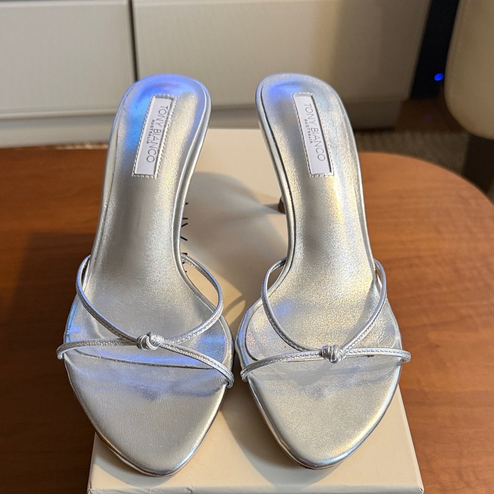 Tony Bianco Dana Silver Knot Strap Slide Heels
